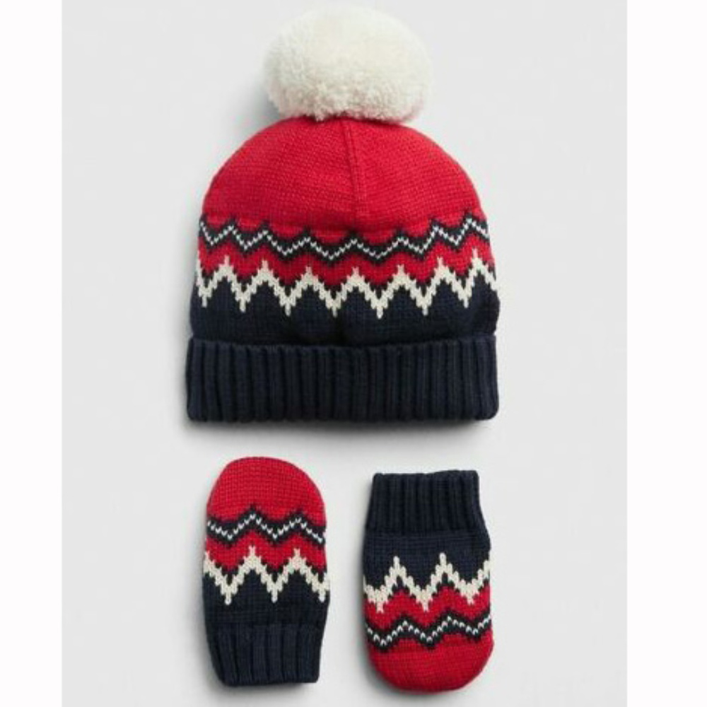 Baby Gap NWT Red Navy Fair Isle Beanie Hat & Mitten 0-6 Months